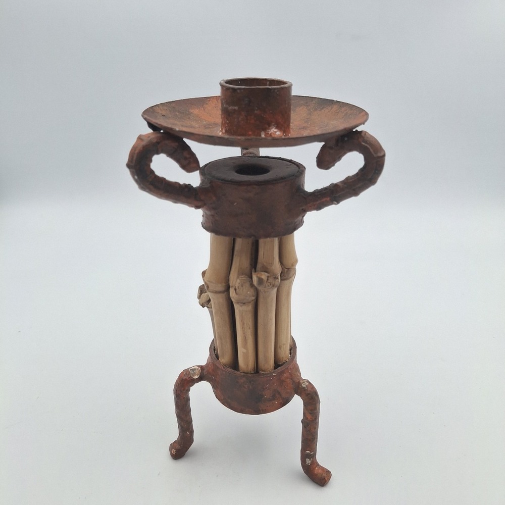 Rustic Metal Candleholder Bamboo Contrast Accent Three Legged Patina Rugged 7 In
